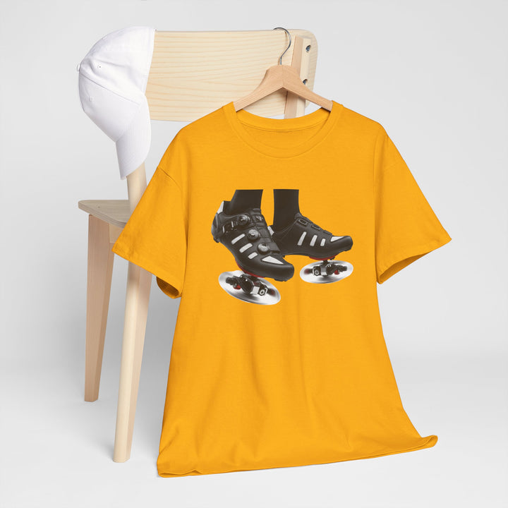 Spin Shoes Tee – soft, breathable cotton featuring a cycling shoes graphic. Perfect for spin classes, indoor workouts, and casual activewear.