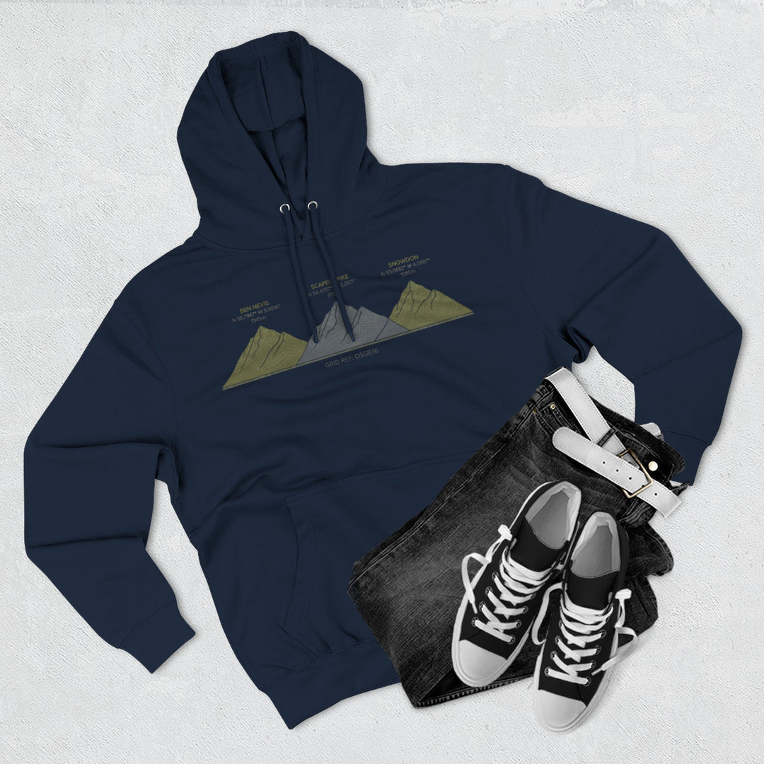 Three Peaks Challenge Graphic Hoodie — Retro UK Mountain Heritage Pullover