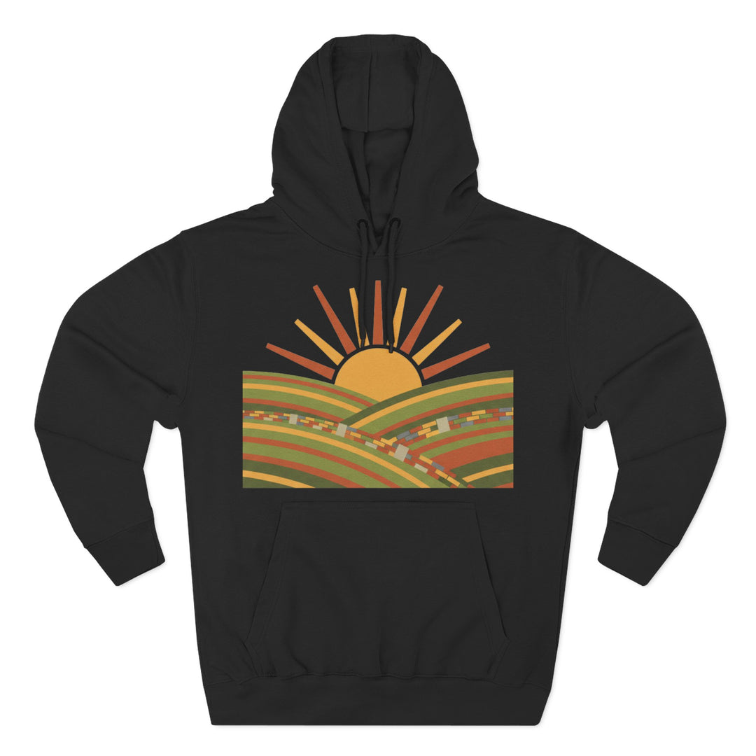 Black hoodie by S&amp;W Gallus with a sun and rolling hills graphic on the chest.