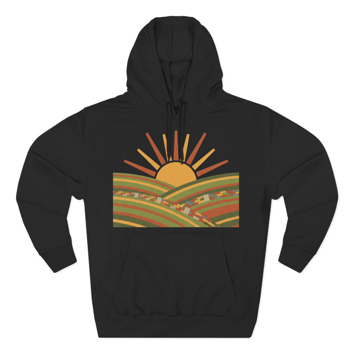 Black hoodie by S&amp;W Gallus with a sun and rolling hills graphic on the chest.