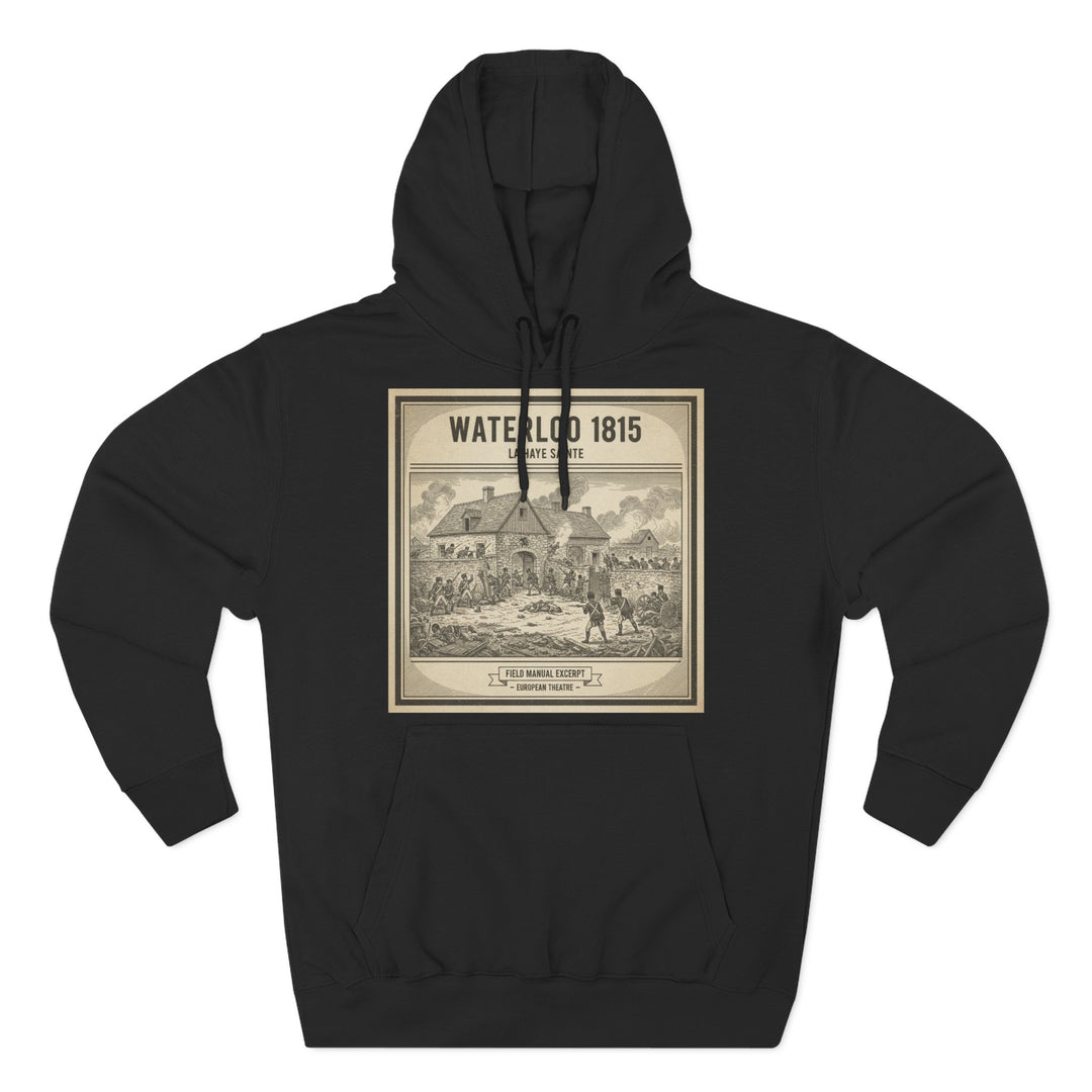 Black hoodie by S&amp;W Gallus with a Waterloo 1815 scene printed on the front.