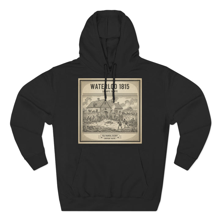 Black hoodie by S&amp;W Gallus with a Waterloo 1815 scene printed on the front.
