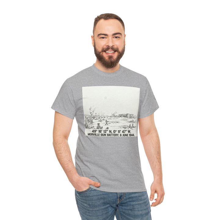 Gray T-shirt by Veteran owned, featuring a Merville Gun Battery sketch, paired with blue jeans.