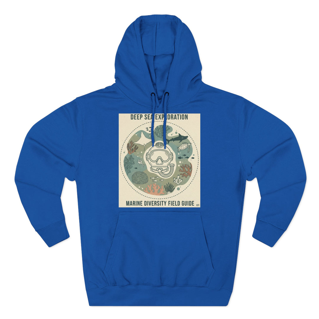 Royal blue hoodie by S&amp;W Gallus with a "Deep Sea Exploration" graphic featuring a diving mask and marine life.