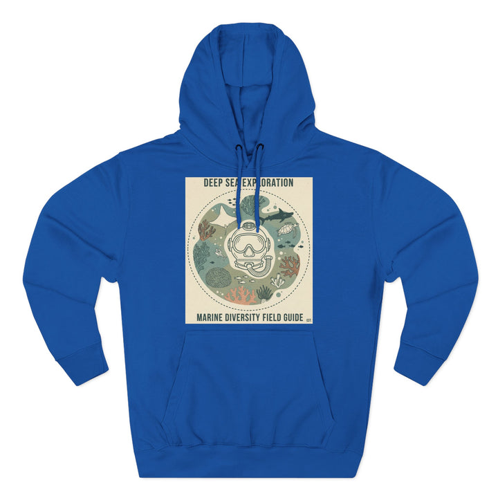 Royal blue hoodie by S&amp;W Gallus with a "Deep Sea Exploration" graphic featuring a diving mask and marine life.