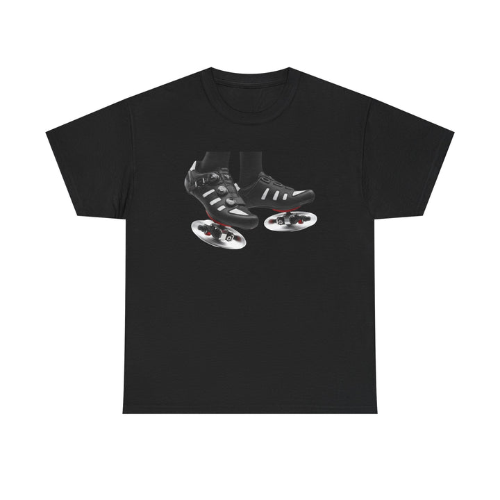 Spin Shoes Tee – soft, breathable cotton featuring a cycling shoes graphic. Perfect for spin classes, indoor workouts, and casual activewear.