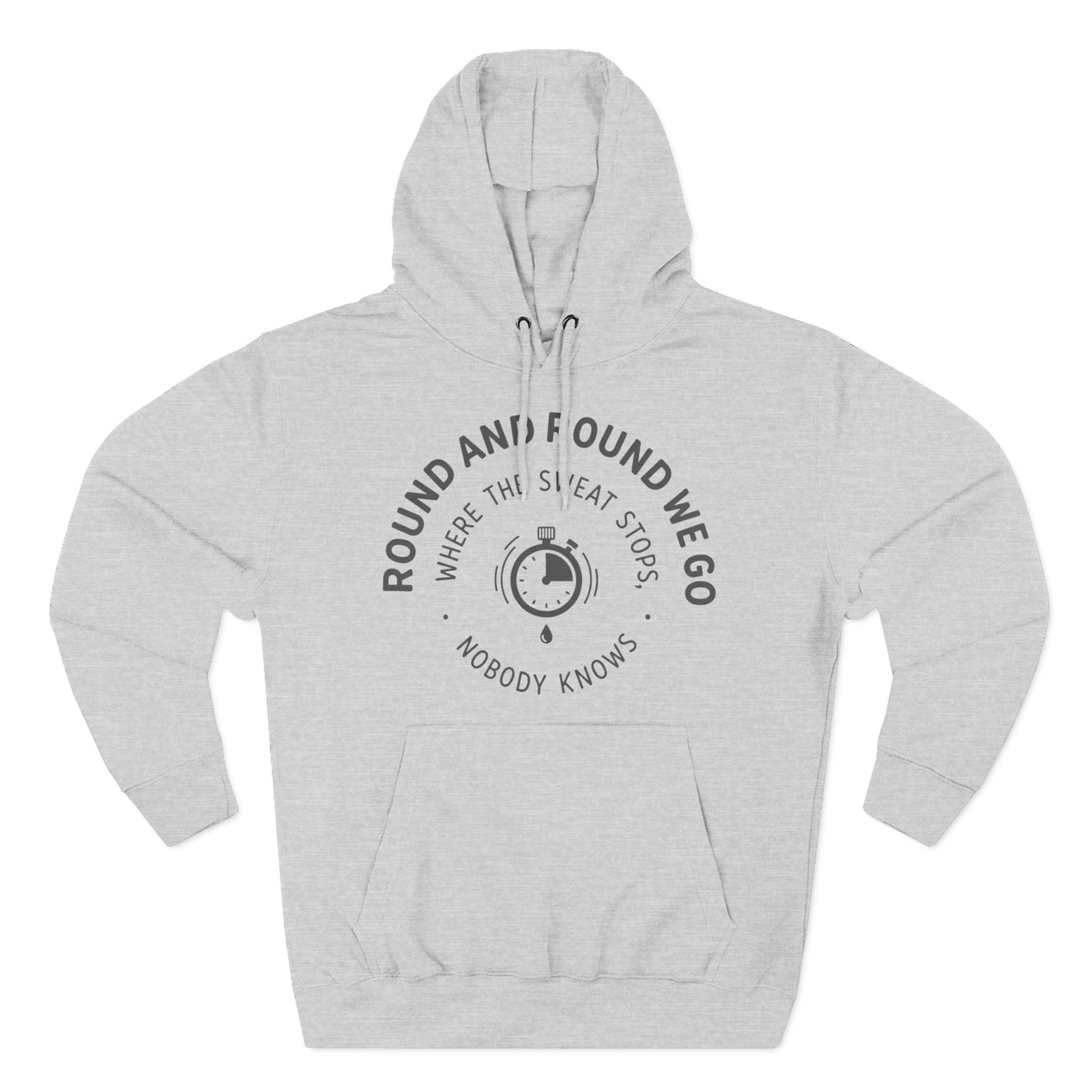 Gray hoodie by S&W Gallus featuring round text and a stopwatch graphic on the front.