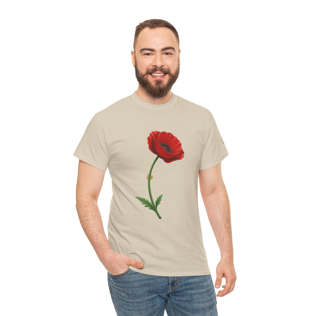 Beige t-shirt with a floral design by S&amp;W Gallus, shown on a model wearing jeans.