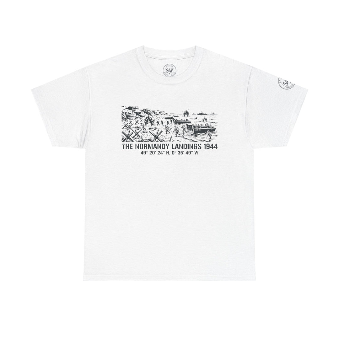 White Normandy Landings 1944 T-shirt by S&amp;W Gallus, featuring a black and white graphic print depicting the historical event.