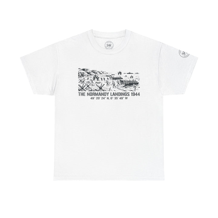 White Normandy Landings 1944 T-shirt by S&amp;W Gallus, featuring a black and white graphic print depicting the historical event.