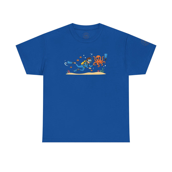 Blue Diver vs. Octopus T-Shirt by S&amp;W Gallus, featuring cartoon scuba diver and octopus graphic.