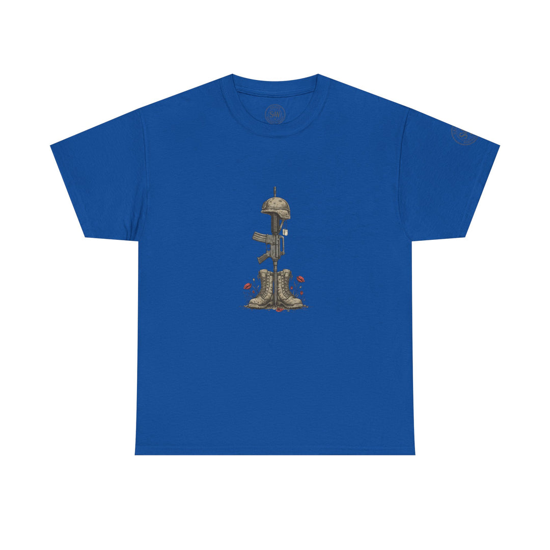Royal blue t-shirt by S&amp;W Gallus featuring a military tribute graphic of boots, a rifle, and a helmet.