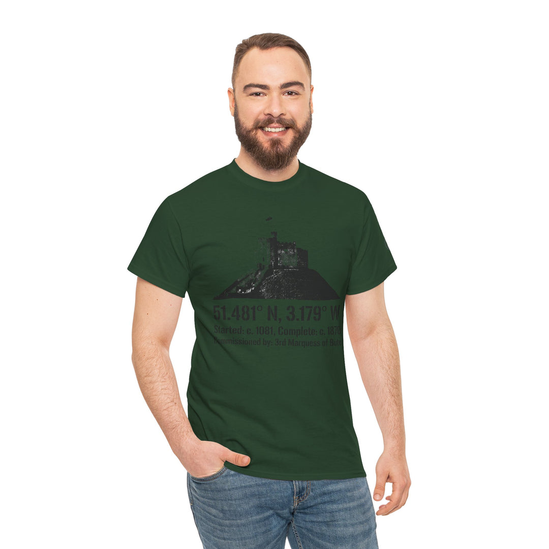 Green Cardiff Castle graphic t-shirt by S&amp;W Gallus, featuring building coordinates and historical information, paired with jeans.
