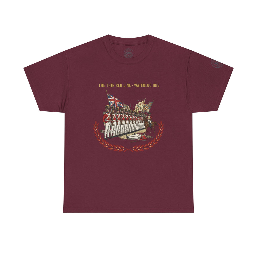 Maroon t-shirt by S&amp;W Gallus featuring a graphic of British soldiers in red coats from the Battle of Waterloo.