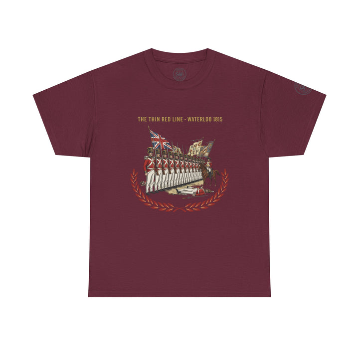 Maroon t-shirt by S&amp;W Gallus featuring a graphic of British soldiers in red coats from the Battle of Waterloo.