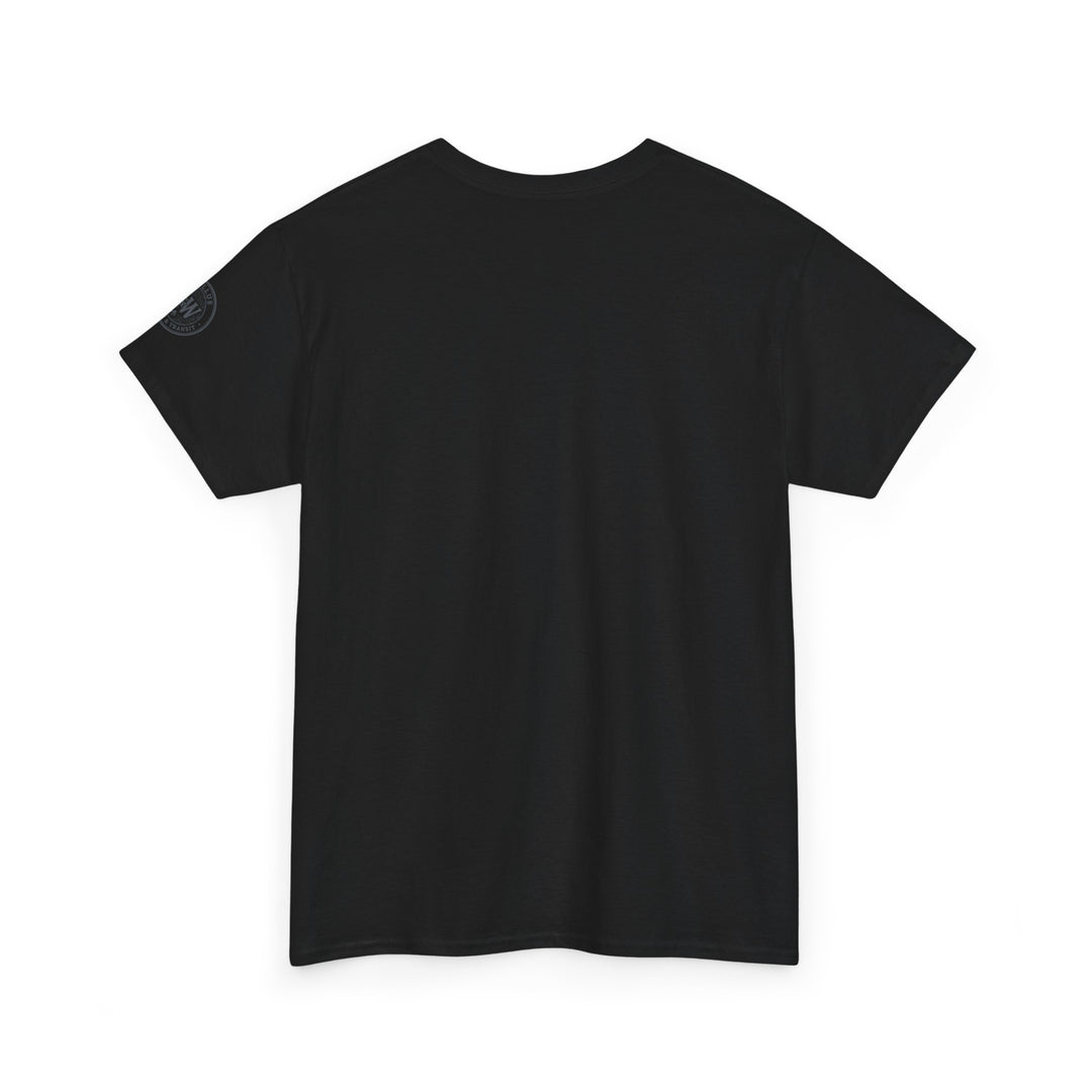 Black T-shirt by S&amp;W Gallus, featuring a small graphic on the left sleeve.