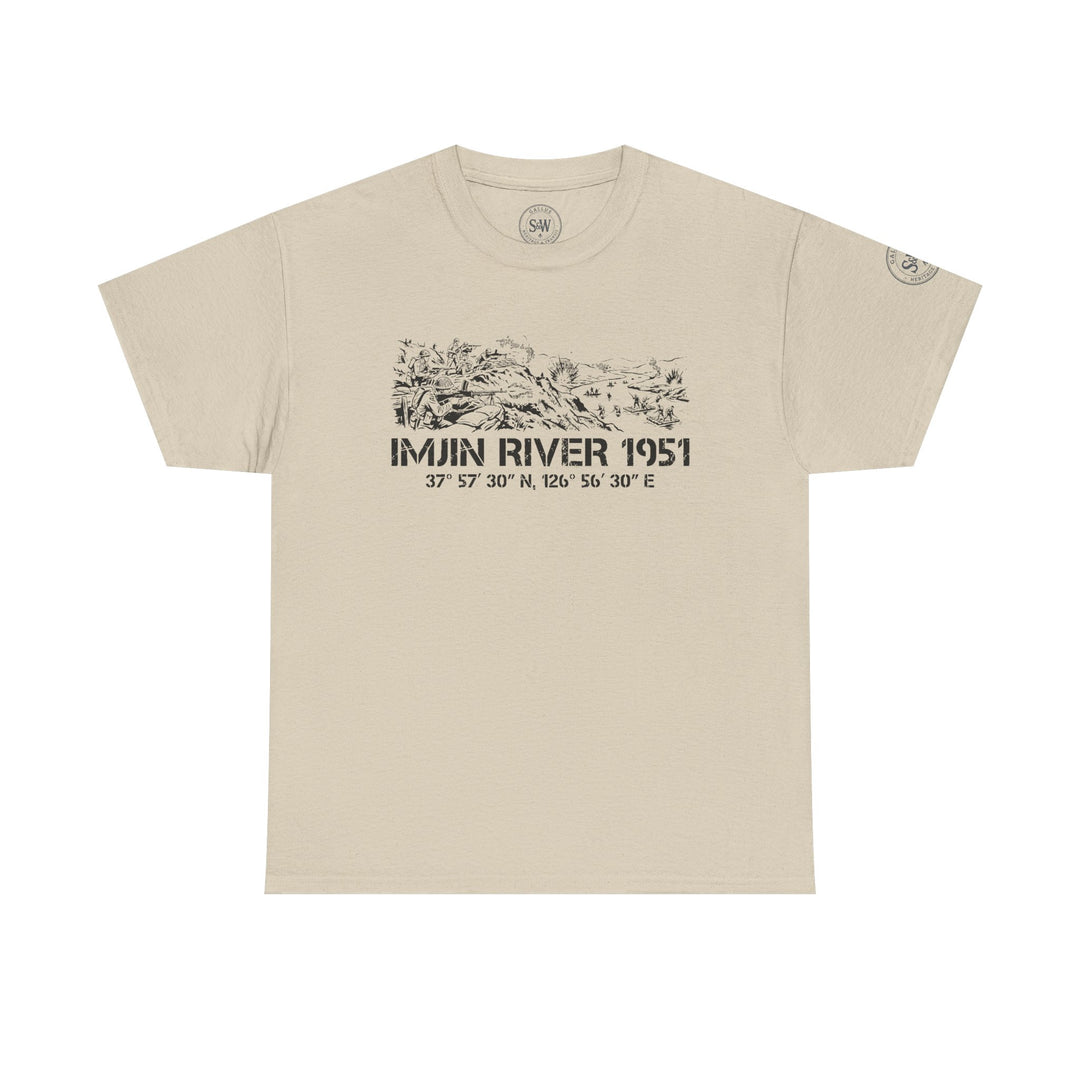 Tan graphic t-shirt by S&amp;W Gallus, featuring a black Imjin River 1951 print, presented on a white background.