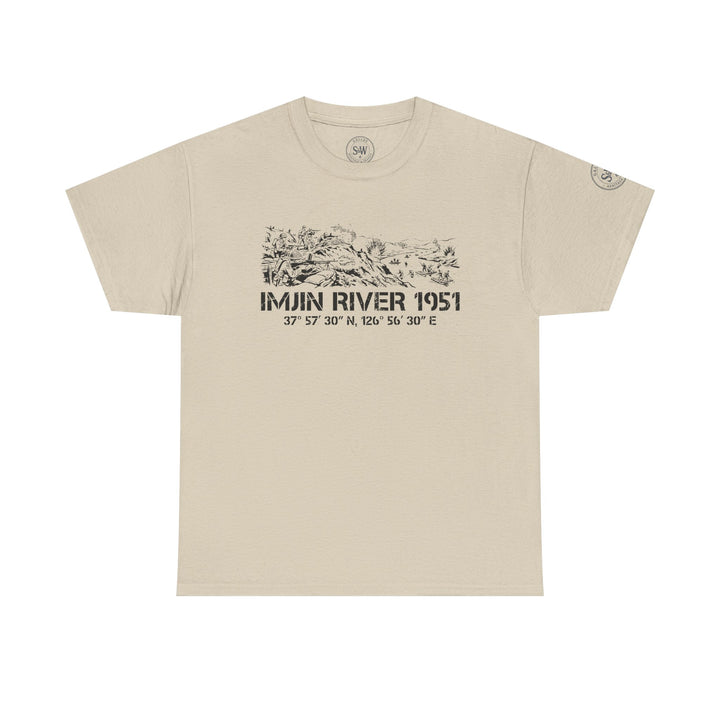 Tan graphic t-shirt by S&amp;W Gallus, featuring a black Imjin River 1951 print, presented on a white background.
