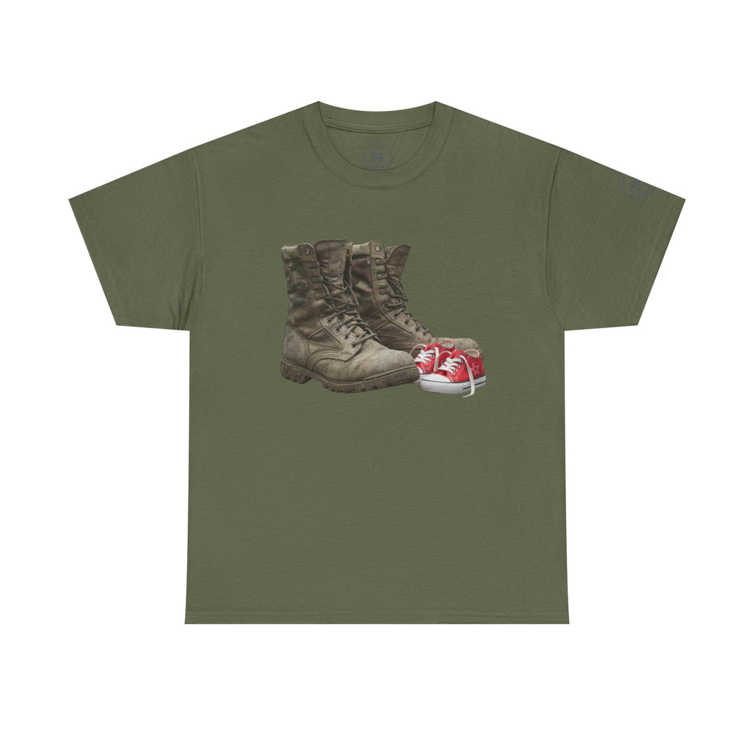 Green t-shirt by S&amp;W Gallus featuring a graphic of military boots and baby shoes.