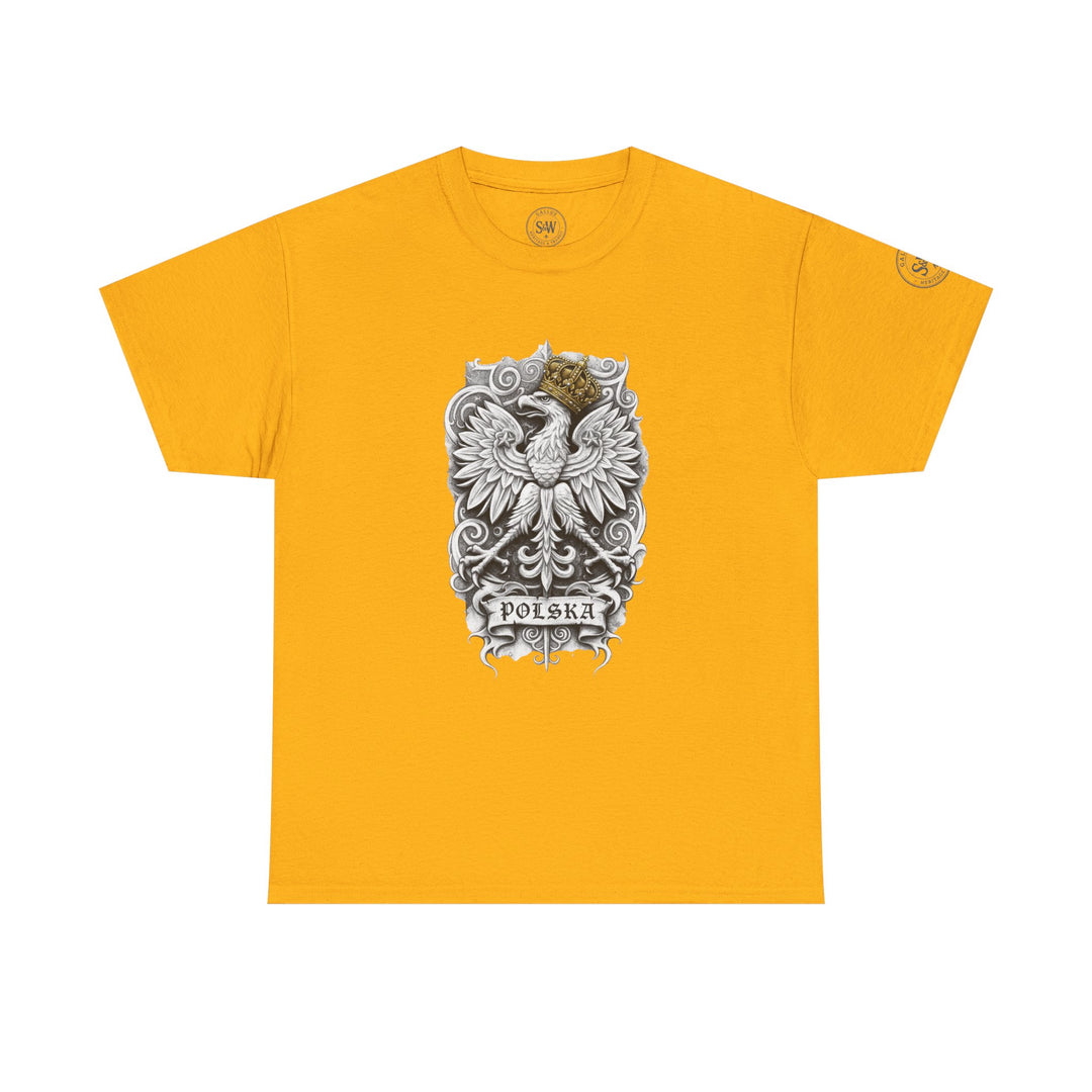Golden yellow t-shirt by S&amp;W Gallus featuring a white eagle crest and "Polska" banner graphic.