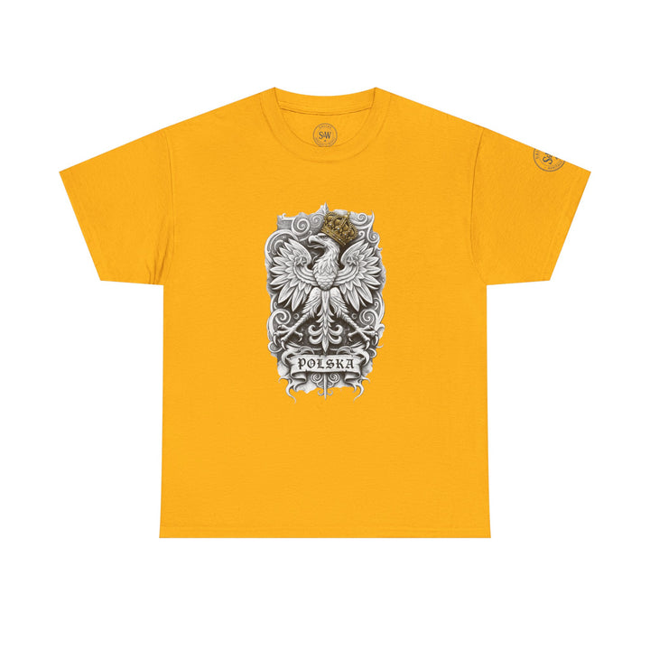 Golden yellow t-shirt by S&amp;W Gallus featuring a white eagle crest and "Polska" banner graphic.