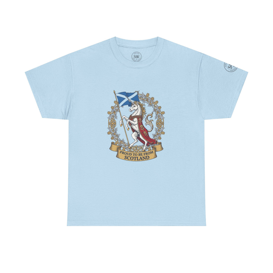 Light blue t-shirt from S&amp;W Gallus featuring a Scottish unicorn graphic and "Proud to be From Scotland" text.
