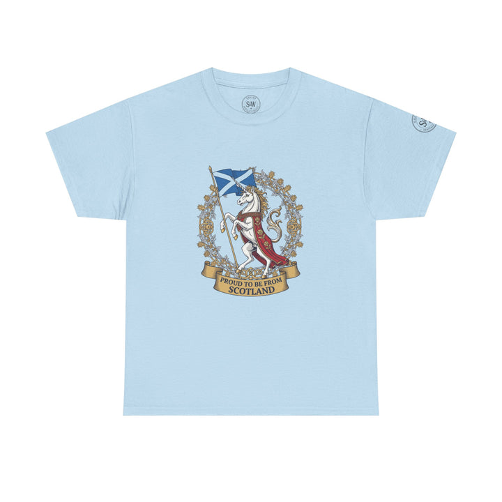 Light blue t-shirt from S&amp;W Gallus featuring a Scottish unicorn graphic and "Proud to be From Scotland" text.
