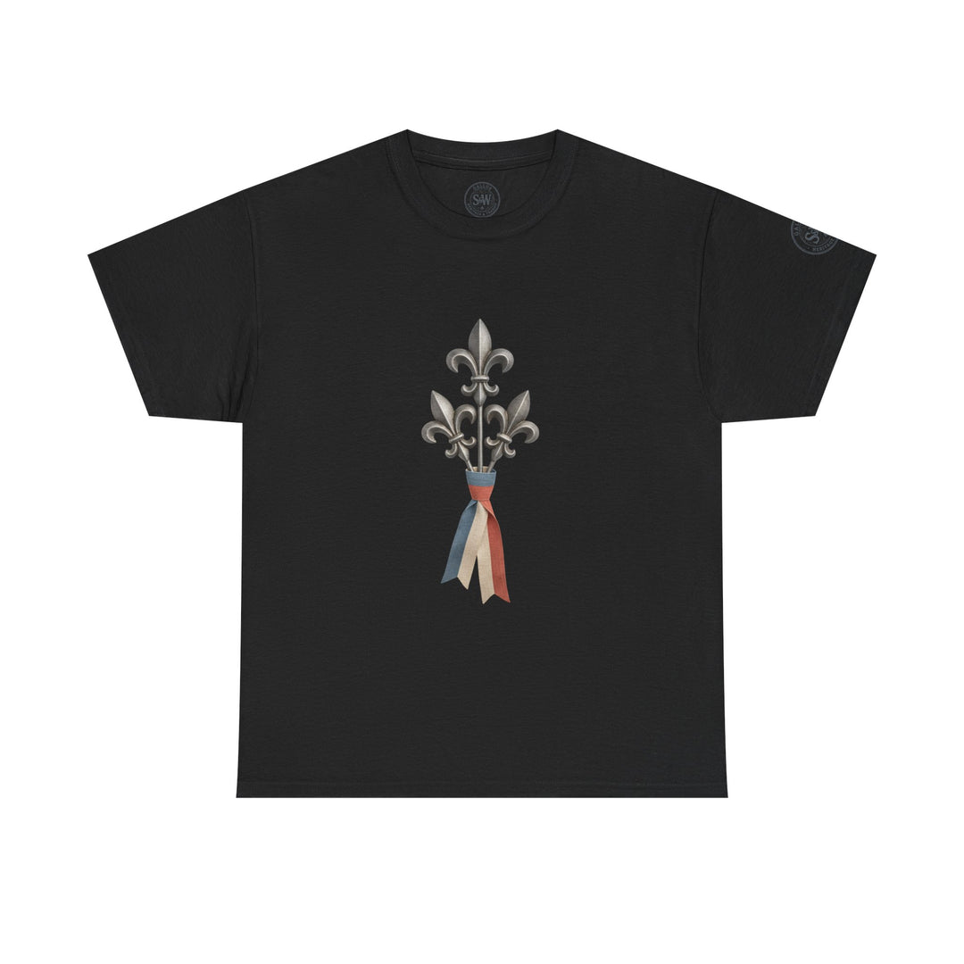 Black t-shirt by S&amp;W Gallus, featuring a fleur-de-lis graphic with a tricolor ribbon detail.