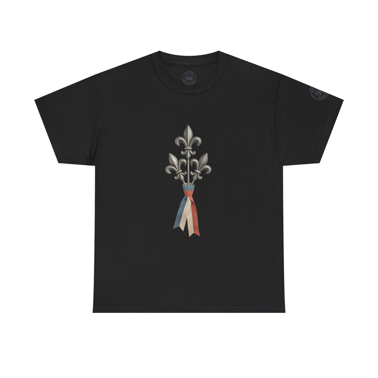 Black t-shirt by S&W Gallus, featuring a fleur-de-lis graphic with a tricolor ribbon detail.