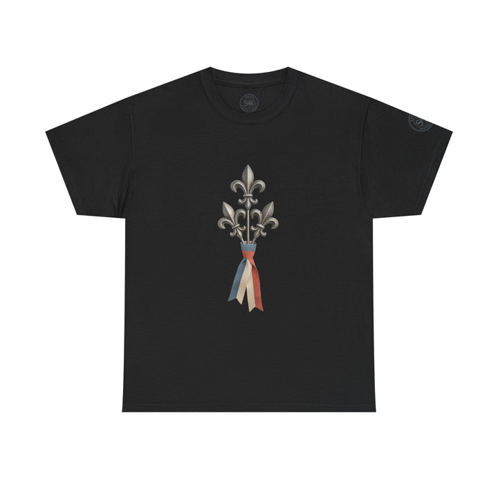 Black t-shirt by S&amp;W Gallus, featuring a fleur-de-lis graphic with a tricolor ribbon detail.
