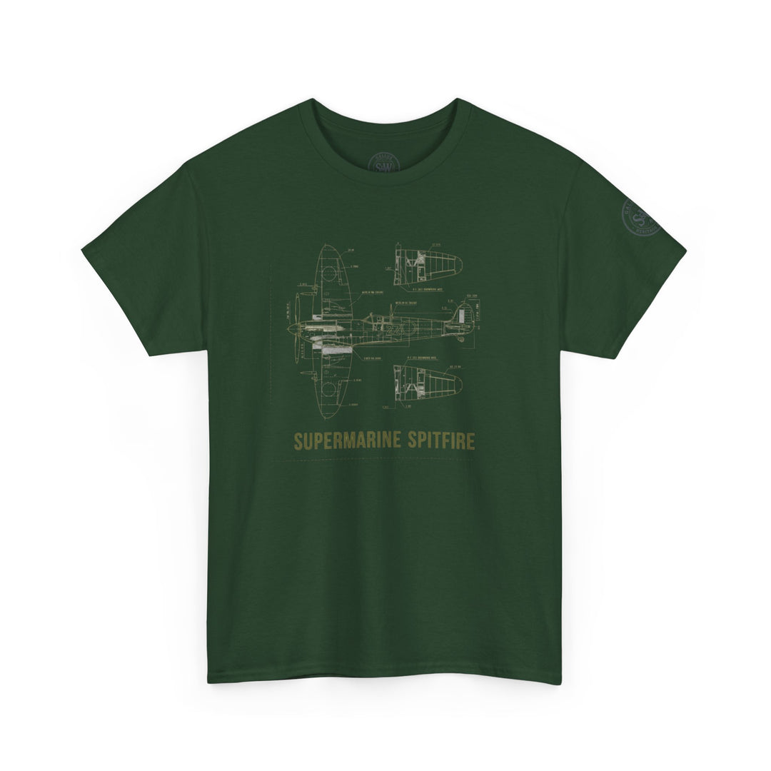 Green Supermarine Spitfire aircraft schematic t-shirt by S&amp;W Gallus featuring line art blueprint of the famous plane.
