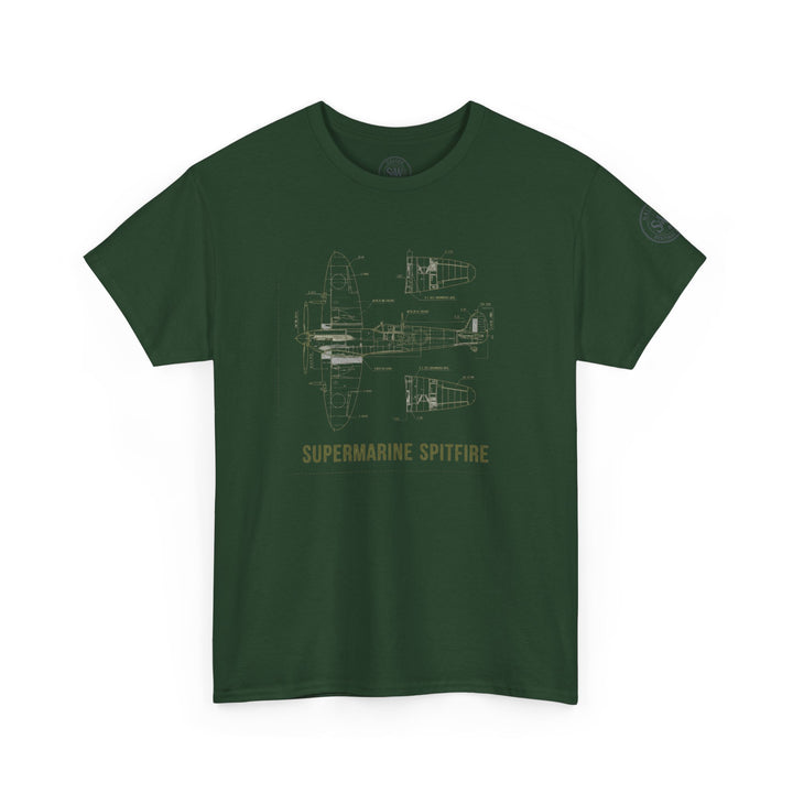 Green Supermarine Spitfire aircraft schematic t-shirt by S&amp;W Gallus featuring line art blueprint of the famous plane.
