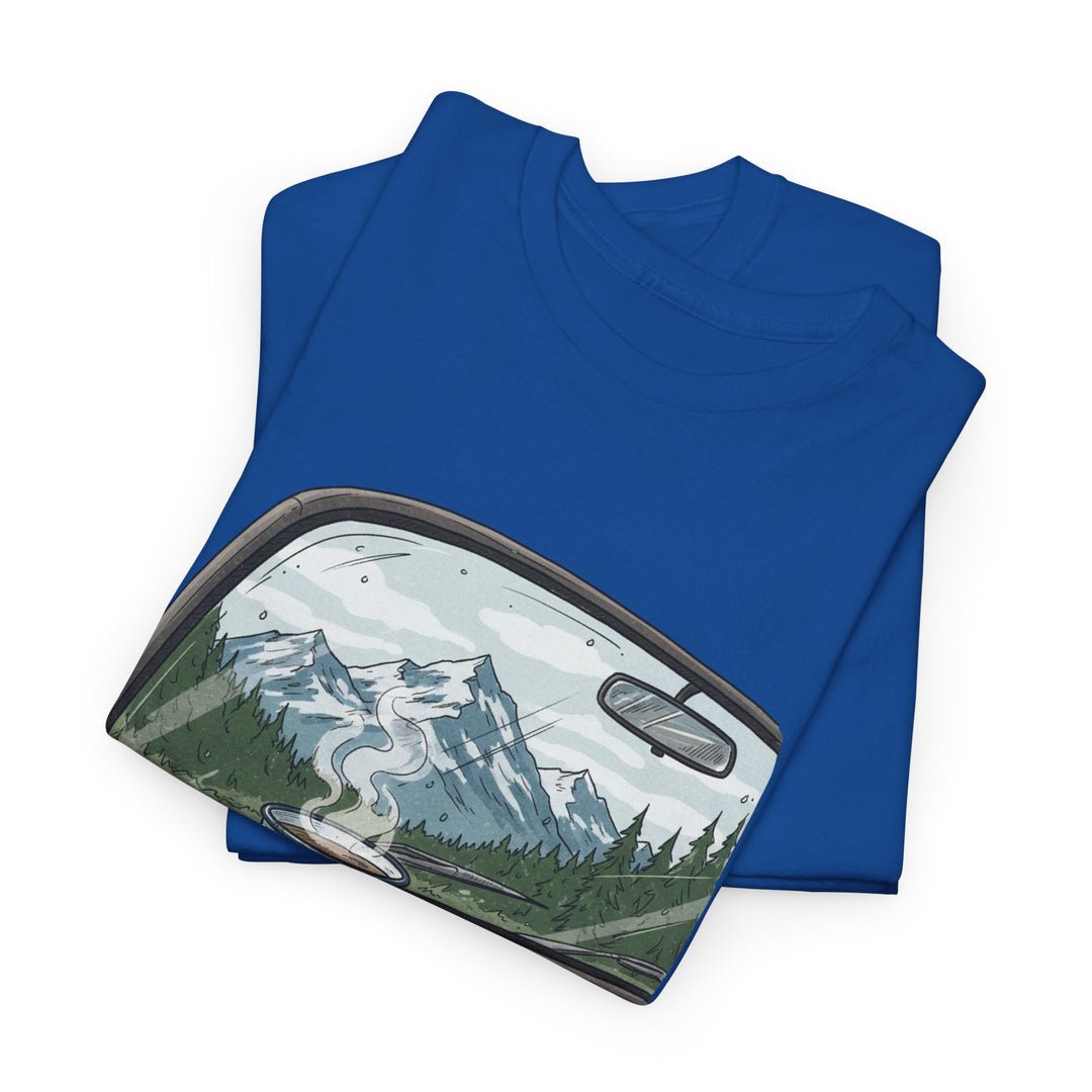 Van Roadtrip View T-Shirt featuring a scenic travel-inspired design. Soft cotton comfort perfect for van life, road trips, and outdoor adventures.