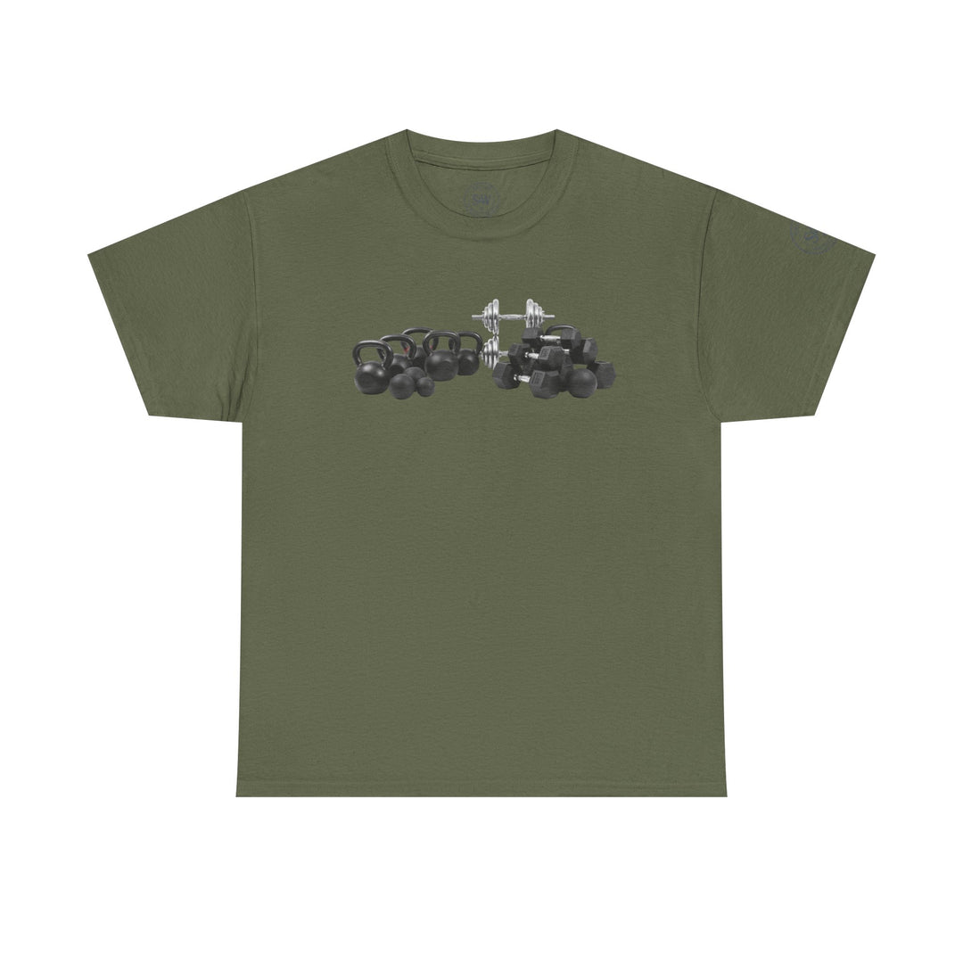 Olive green t-shirt by S&amp;W Gallus, displaying kettlebells and dumbbells graphics at the center.