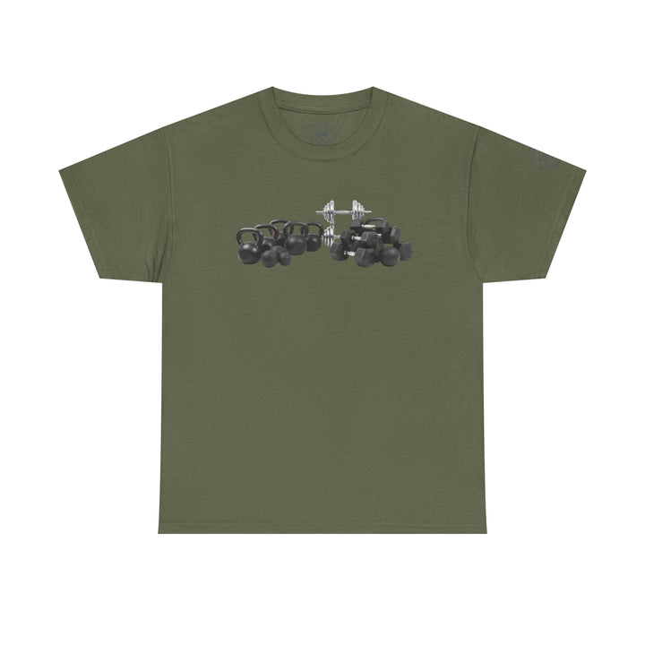 Olive green t-shirt by S&amp;W Gallus, displaying kettlebells and dumbbells graphics at the center.