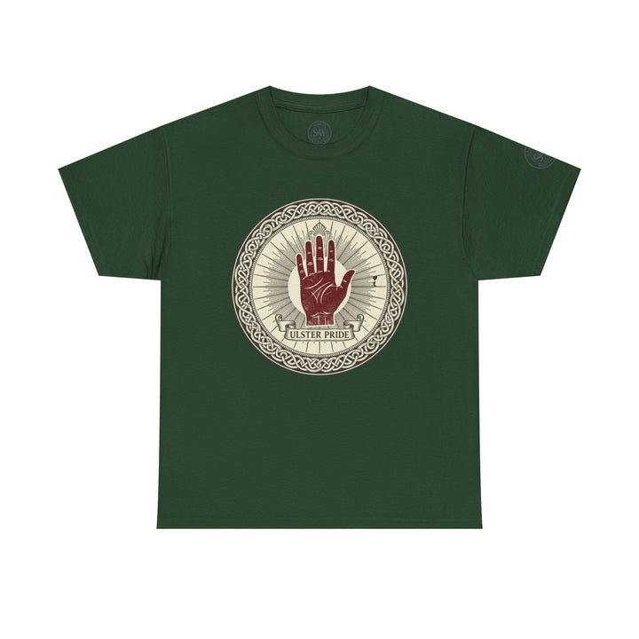 Dark green t-shirt by S&amp;W Gallus featuring a round Ulster Pride hand graphic on the front.