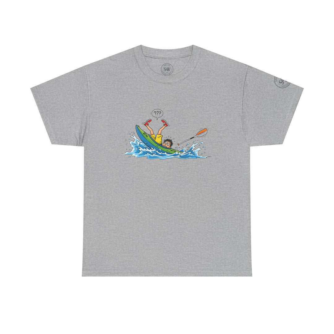 Gray t-shirt from S&amp;W Gallus featuring a cartoon drawing of a person capsizing in a kayak.