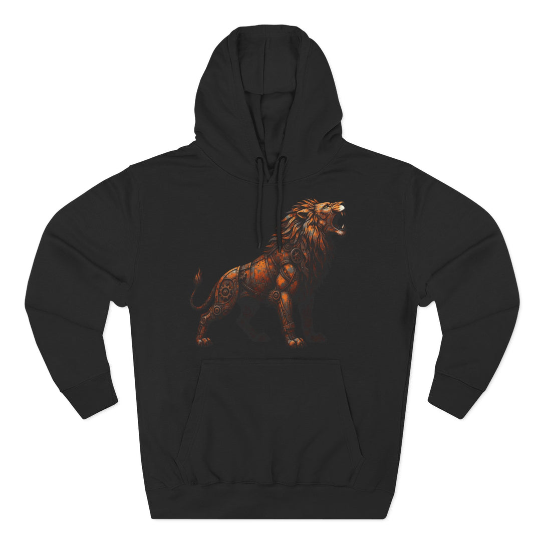 Black hoodie by S&amp;W Gallus featuring a steampunk lion design on the front, a hood with drawstrings, and a front pouch pocket.