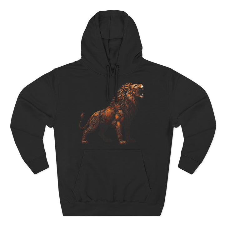Black hoodie by S&amp;W Gallus featuring a steampunk lion design on the front, a hood with drawstrings, and a front pouch pocket.