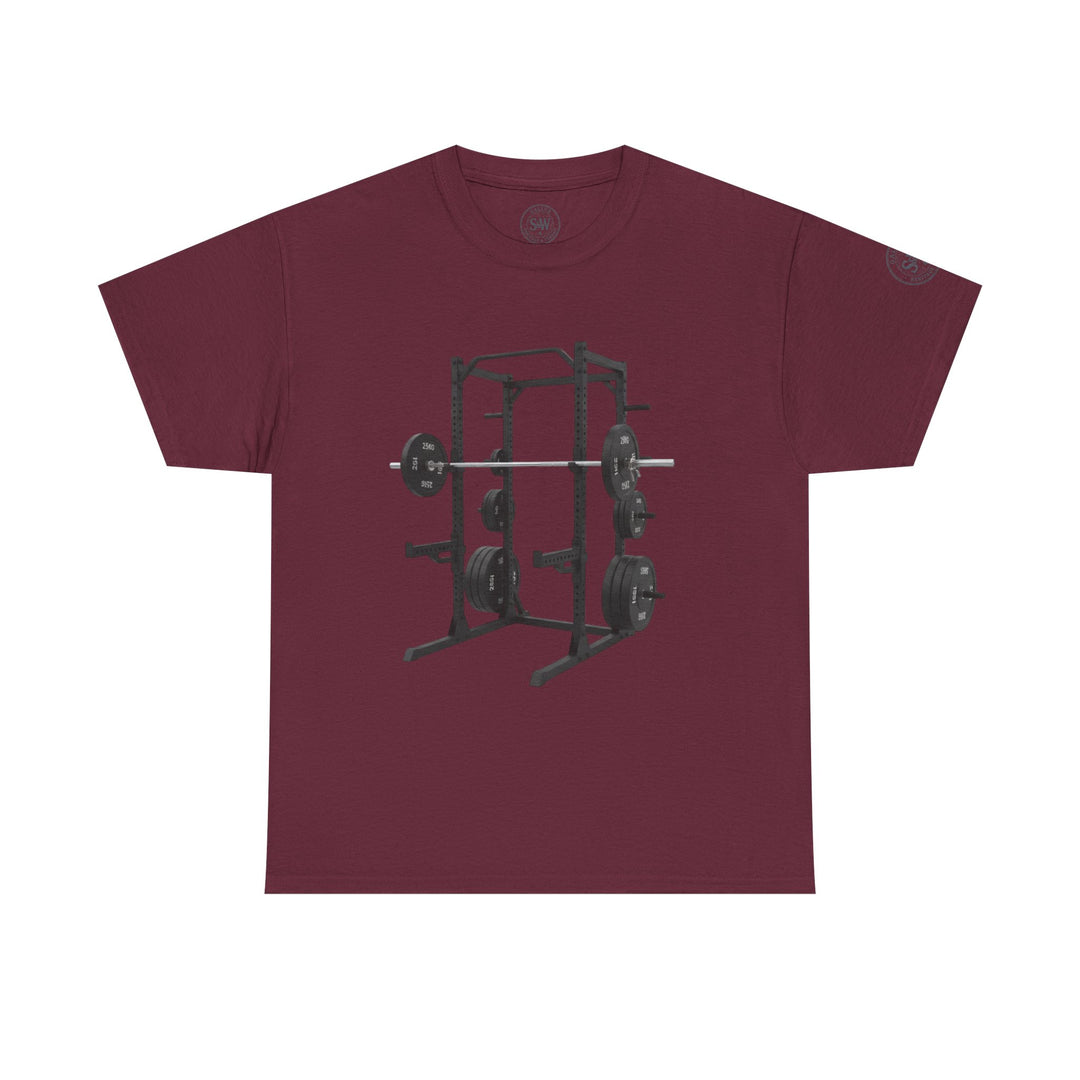Burgundy T-shirt by S&amp;W Gallus featuring a black power rack graphic on the front.