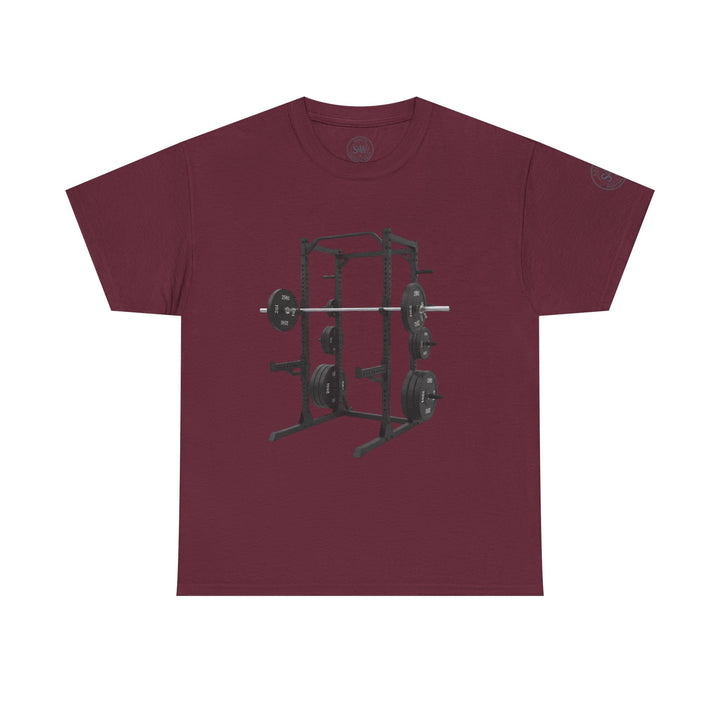 Burgundy T-shirt by S&amp;W Gallus featuring a black power rack graphic on the front.