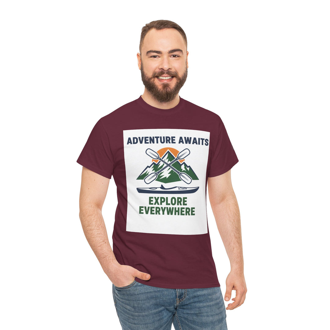 Burgundy t-shirt with adventure graphic by S&amp;W Gallus worn with jeans.