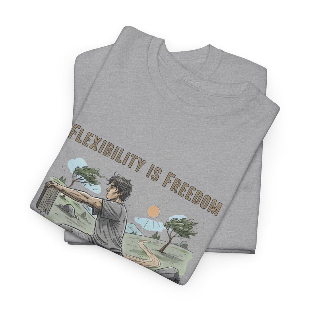 Flexibility Is Freedom Tee – soft, breathable cotton featuring a motivational design. Perfect for yoga, Pilates, stretching, or casual active lifestyle wear.