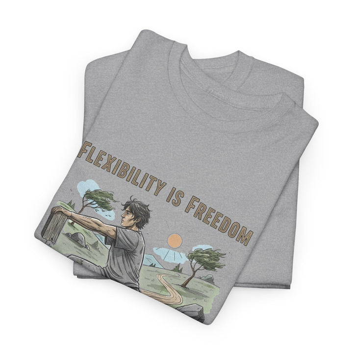 Flexibility Is Freedom Tee – soft, breathable cotton featuring a motivational design. Perfect for yoga, Pilates, stretching, or casual active lifestyle wear.