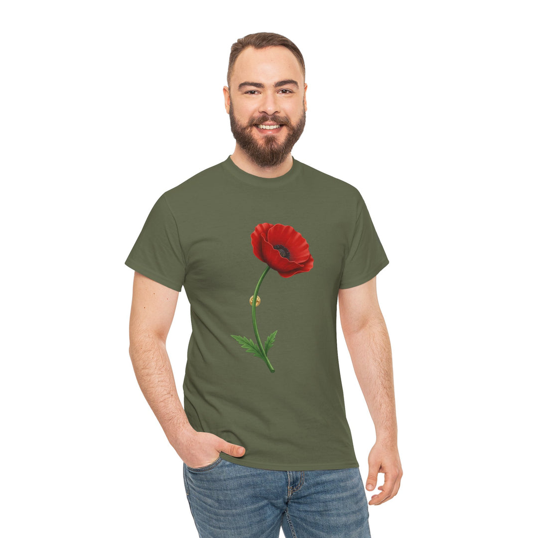 Olive drab t-shirt by S&amp;W Gallus featuring a vibrant red poppy bloom graphic, worn with blue jeans.
