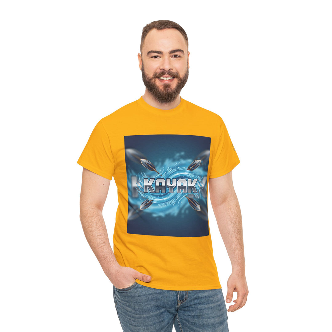 Yellow t-shirt with "Kayak" graphic by S&amp;W Gallus, worn with jeans, and modeled by a man with a beard.