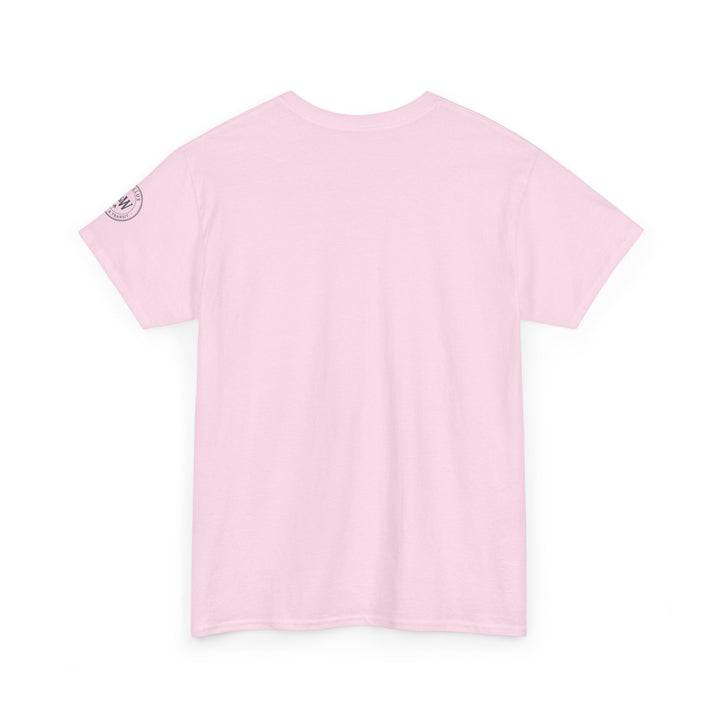 Pink t-shirt by S&amp;W Gallus with a logo on the sleeve, displayed from the back.