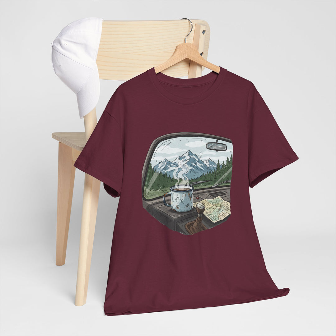 Van Roadtrip View T-Shirt featuring a scenic travel-inspired design. Soft cotton comfort perfect for van life, road trips, and outdoor adventures.