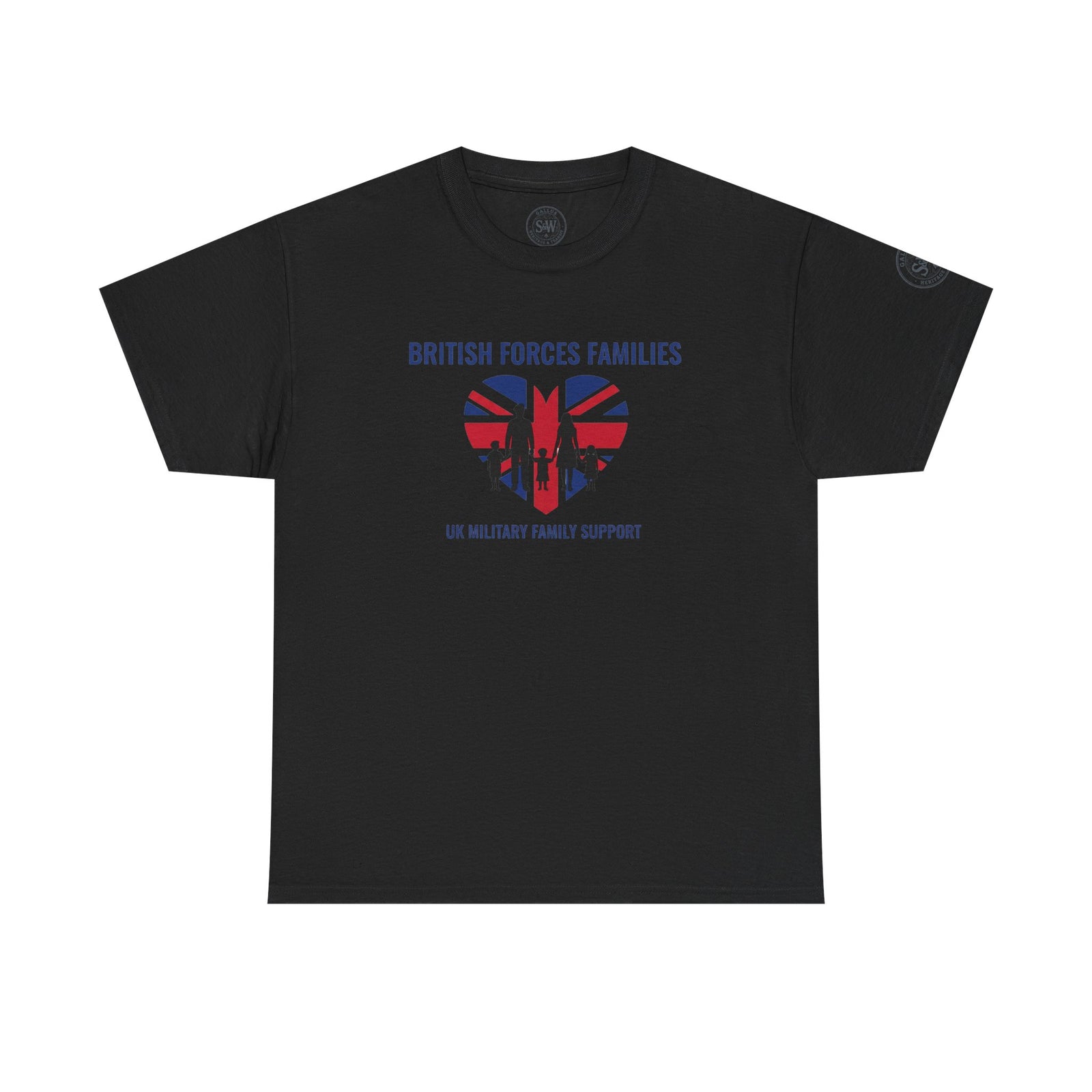 Black graphic T-shirt by S&W Gallus, featuring a Union Jack heart with family silhouette and support message.