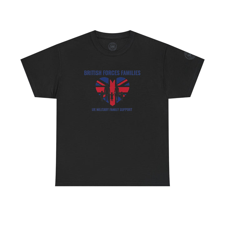 Black graphic T-shirt by S&amp;W Gallus, featuring a Union Jack heart with family silhouette and support message.